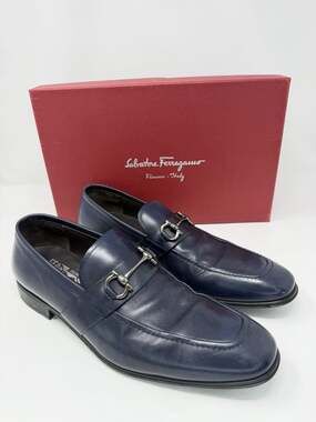Salvatore Ferragamo Gancini Navy Blue Leather Bit Loafers Men's 9 D Made Italy